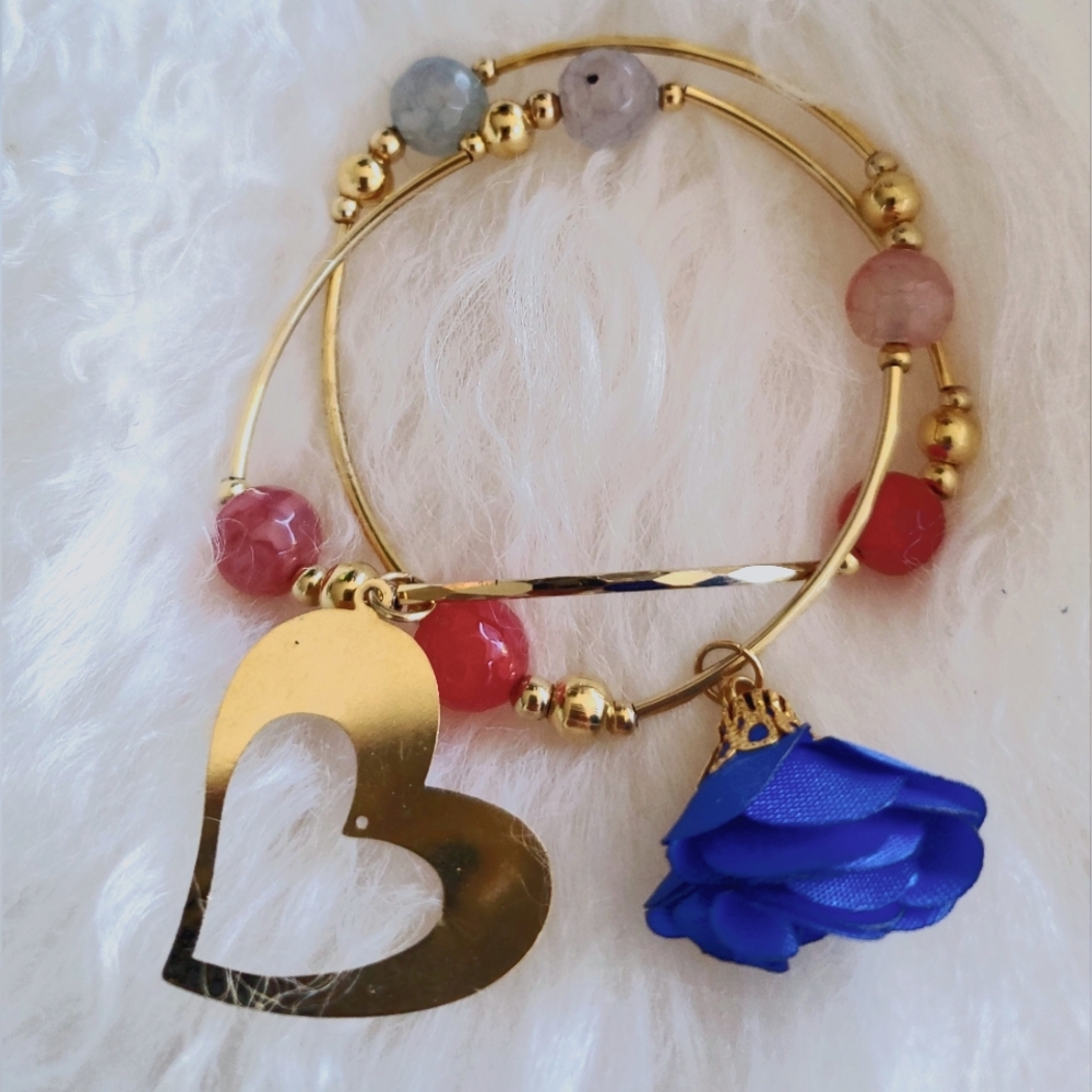 Gold Heart Charm Bracelet with Multicolor Beads, And Blue Rose Charm Set